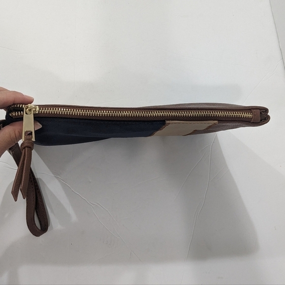 Chico's Women Navy Blue Brown Suede Leather Wristlet Wrist Bag Zipper OS - Picture 6 of 9